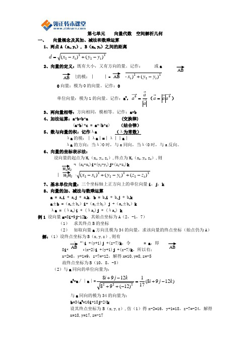 2017年江苏省高数复习资料第七单元 向量代数  空间解析几何