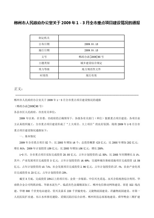 郴州市人民政府办公室关于2009年1－3月全市重点项目建设情况的通报-郴政办函[2009]98号