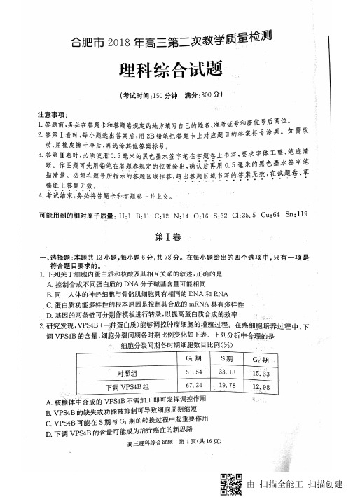 安徽省合肥市2018届高三理综第二次质量检测试题(pdf)