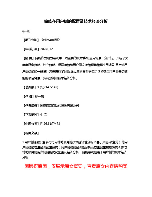 储能在用户侧的配置及技术经济分析