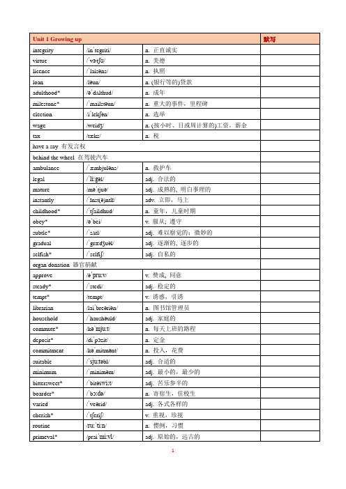2019版外研社高中英语必选择性必修二Unit 1 Growing up 单词表