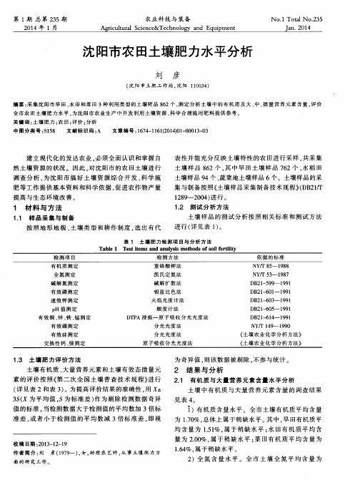 沈阳市农田土壤肥力水平分析