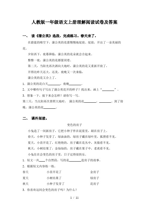 人教版一年级语文上册理解阅读试卷及答案