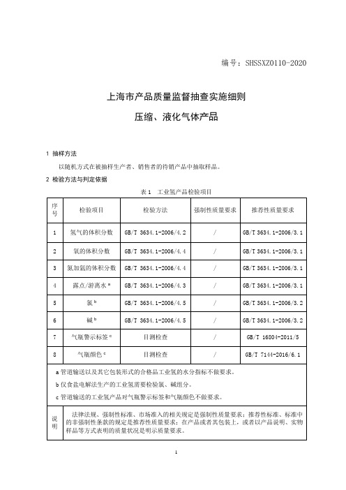 SHSSXZ0110-2020压缩、液化气体上海市产品质量监督抽查实施细则