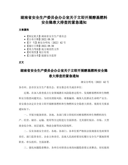 湖南省安全生产委员会办公室关于立即开展醇基燃料安全隐患大排查的紧急通知