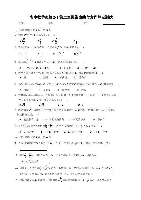 高中数学选修2-1第二章圆锥曲线与方程单元测试