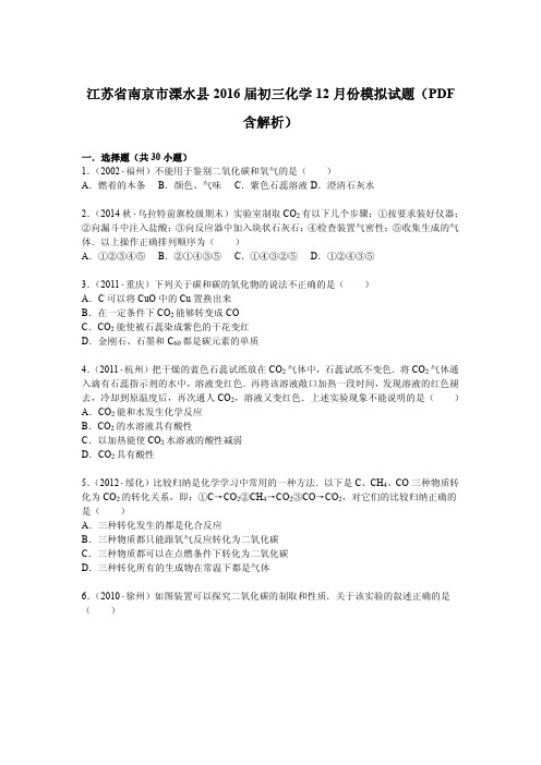 江苏省南京市溧水县届九年级化学12月模拟试题pdf含解析