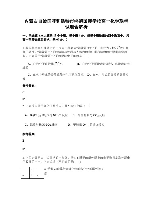 内蒙古自治区呼和浩特市鸿德国际学校高一化学联考试题含解析