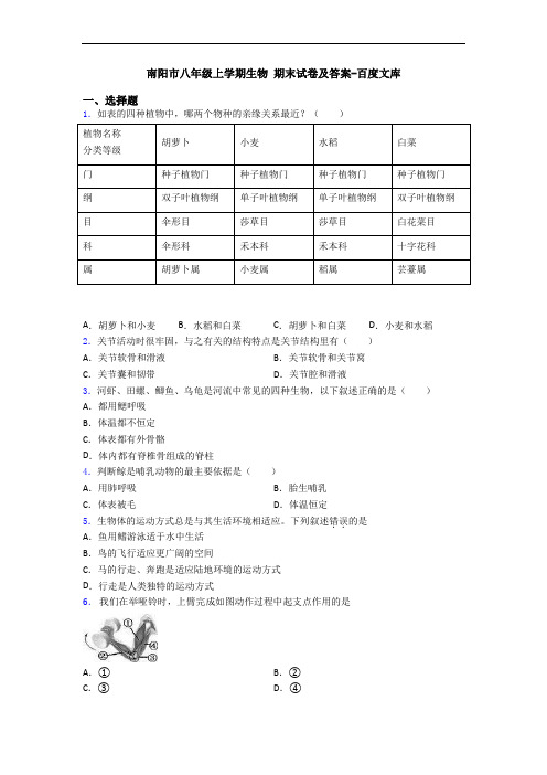 南阳市八年级上学期生物 期末试卷及答案-百度文库