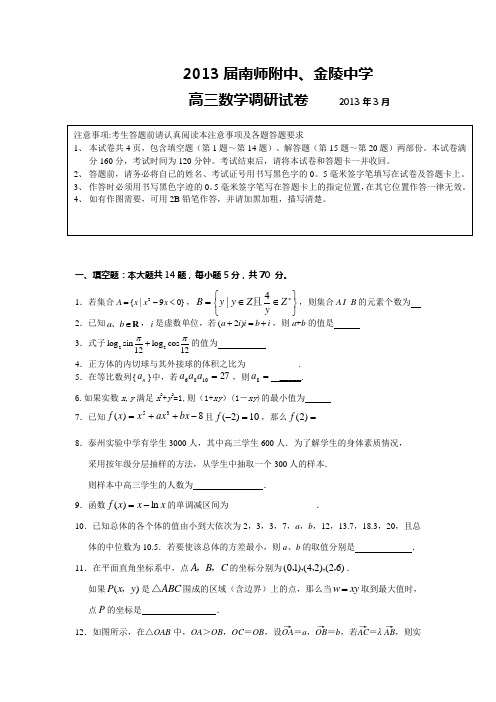 数学-2013届南师附中、金陵中学调研试卷 (详细解答)2013.3