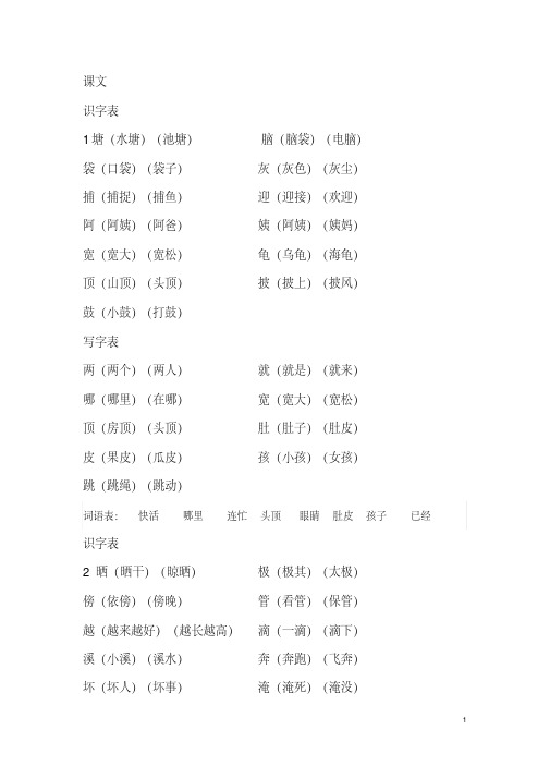 部编人教版小学二年级上册语文生字组词汇总