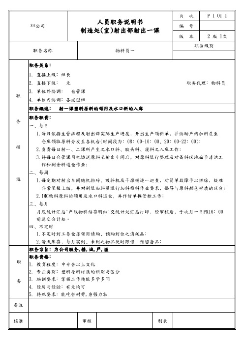 射出部射出一课物料员一职务说明书