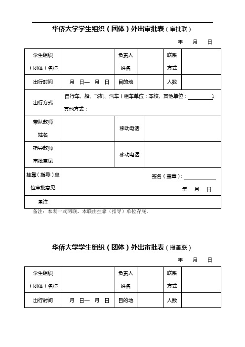 华侨大学学生组织(团体)外出审批表(审批联)