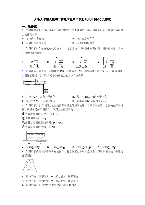 人教八年级人教初二物理下册第二学期6月月考试卷及答案