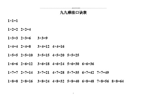 九九乘法口诀表(可直接打印)精编版