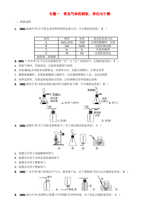 中考化学命题研究第二编重点题型冲破篇专题一常见气体的制取净化与干燥精练试题