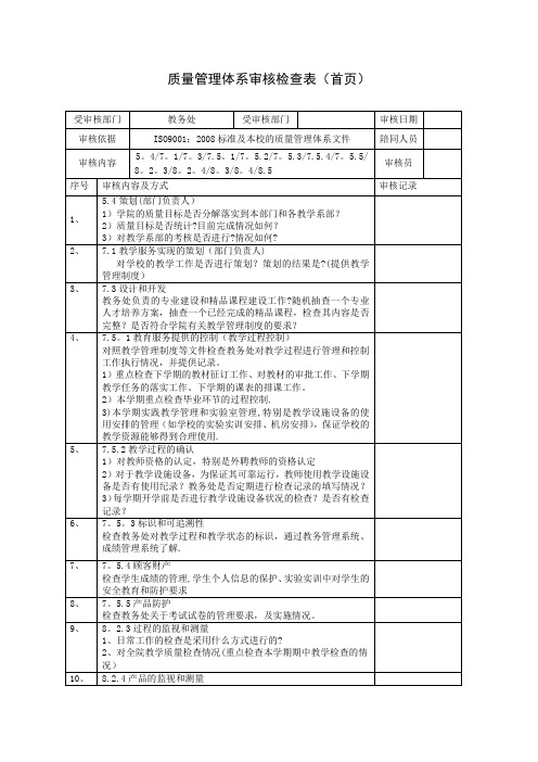 质量管理体系审核检查表(首页)【最新范本模板】