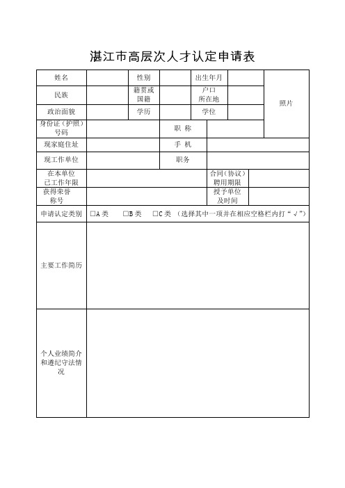 湛江市高层次人才认定申请表