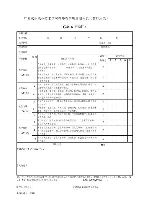 广西农业职业技术学院教师教学质量测评表教师用表