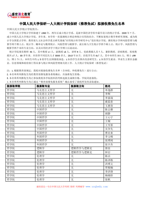 中国人民大学保研—人大统计学院保研(推荐免试)拟接收推免生名单