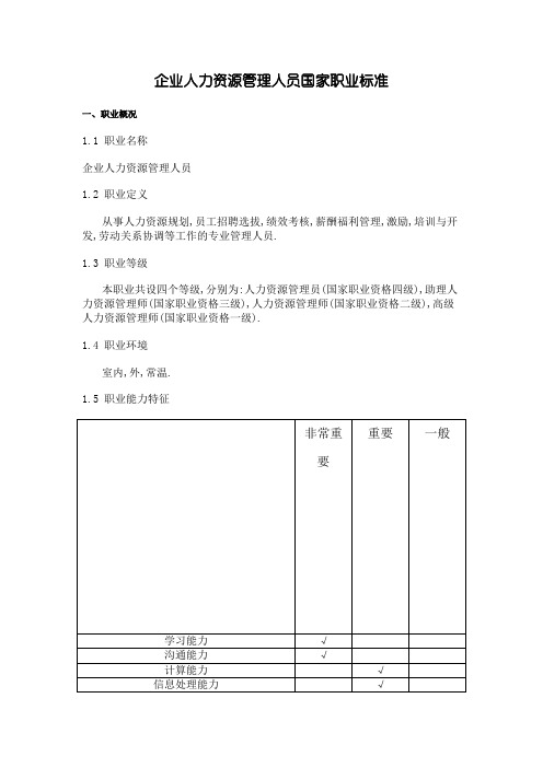 企业人力资源管理人员国家职业标准