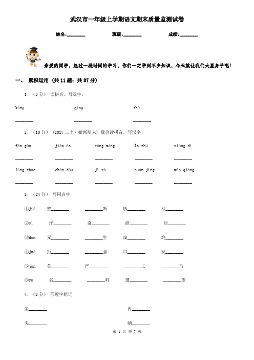 武汉市一年级上学期语文期末质量监测试卷