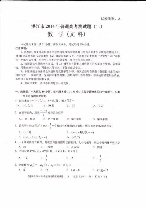 湛江市2014年普通高考模拟测试(二)数学(文科)