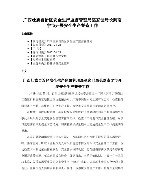 广西壮族自治区安全生产监督管理局巫家世局长到南宁市开展安全生产督查工作