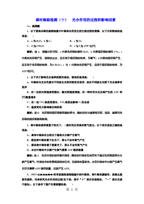 2021版高考生物新三维(通用版)一轮课时跟踪检测(十) 光合作用的过程和影响因素 Word版含解析