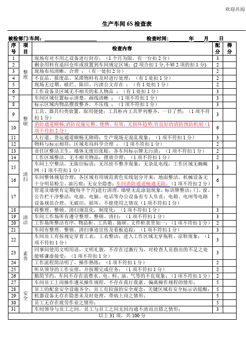 生产车间6S 检查标准