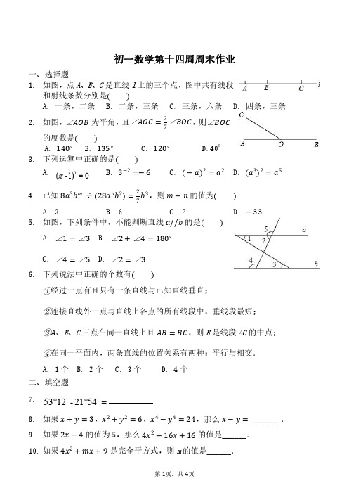 初一数学第十四周周末作业