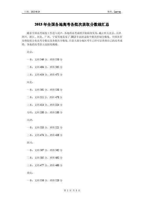 2013年全国各地高考各批次录取分数线汇总