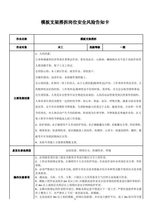 模板支架搭拆岗位安全风险告知卡