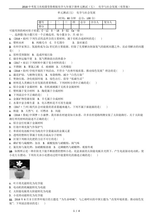 2018中考复习名校课堂鲁教版化学九年级下册单元测试(五) 化学与社会发展(有答案)