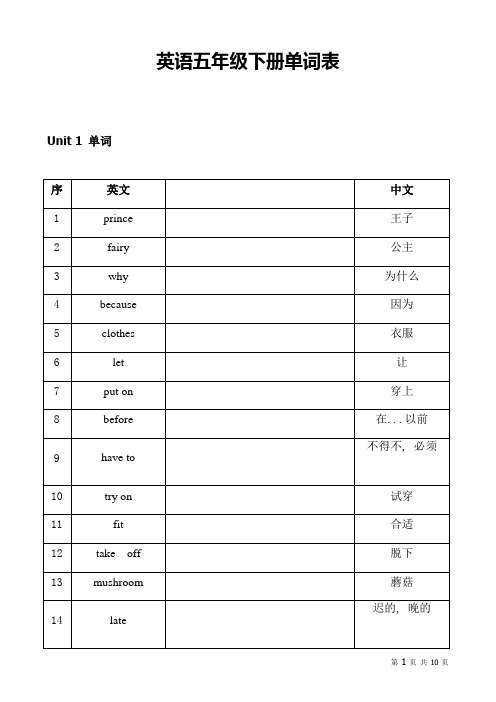 苏教版五年级下册英语单词表