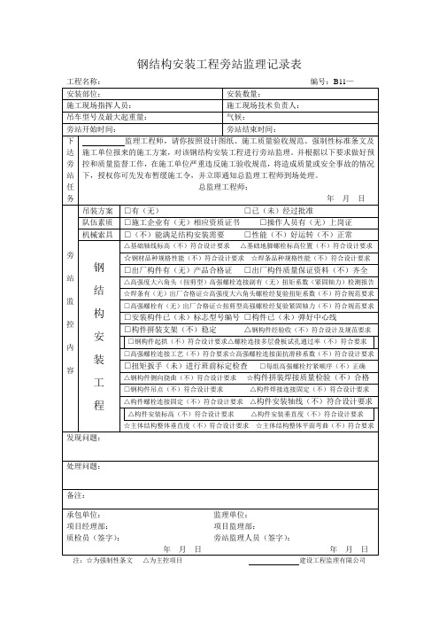 钢结构安装工程旁站监理记录表