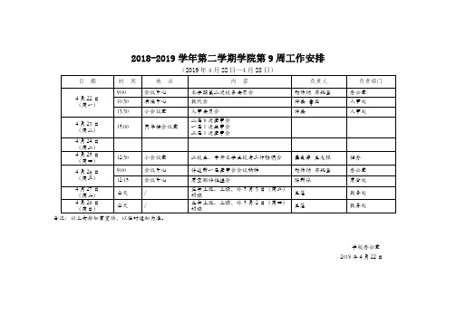 2018-2019学年第二学期学院第9周工作安排