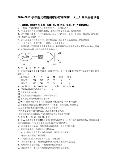 湖北省荆州市沙市中学2016-2017学年高一上学期期中生物试卷Word版含解析