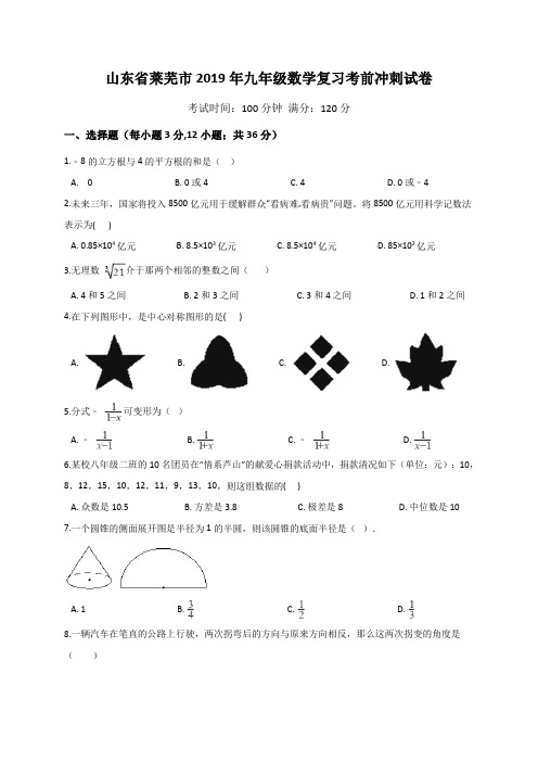 山东省莱芜市2019年九年级数学复习考前冲刺试卷(含答案)