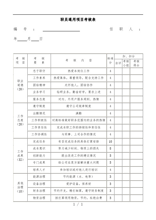 员工服务培训考核表汇编