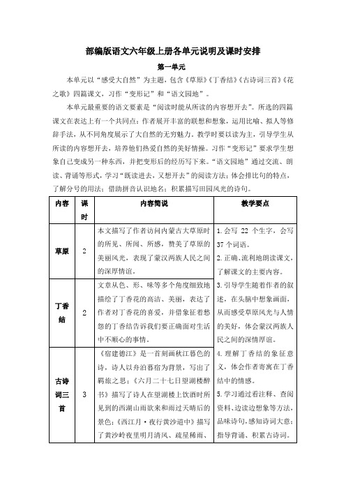 部编版语文六年级上册各单元说明及课时安排