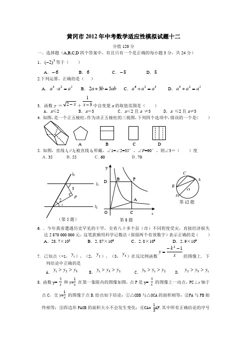 黄冈市2012年中考数学适应性模拟试题十二