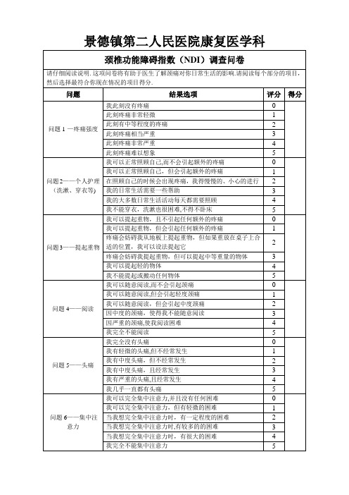 颈椎功能障碍指数(NDI)调查问卷