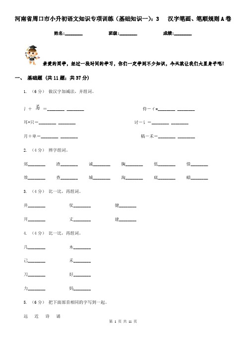 河南省周口市小升初语文知识专项训练(基础知识一)：3   汉字笔画、笔顺规则A卷