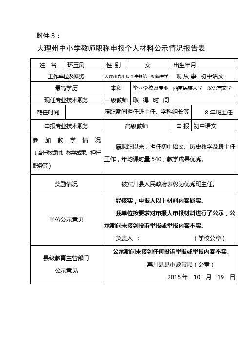 教师职称申报个人材料公示情况报告表