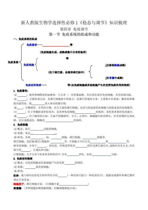 第4章 免疫调节-【必背知识】高二生物章节知识清单(人教版选择性必修1)(填空版)