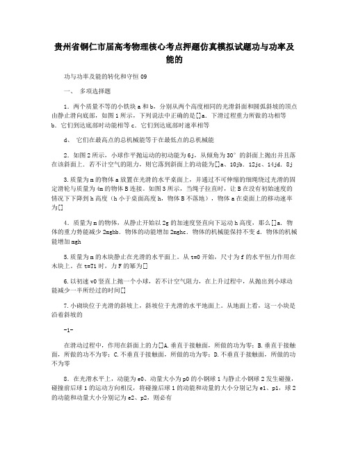 贵州省铜仁市届高考物理核心考点押题仿真模拟试题功与功率及能的