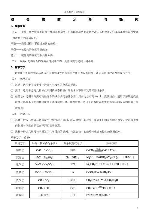 初三化学混合物的分离与提纯中考复习