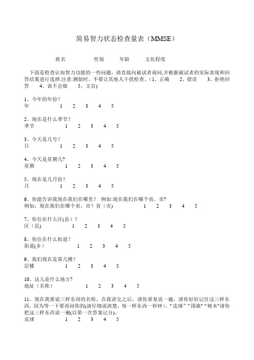 简易智力状态检查量表(MMSE)