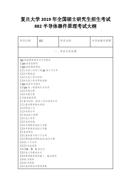 复旦大学2019年全国硕士研究生招生考试882半导体器件原理考试大纲